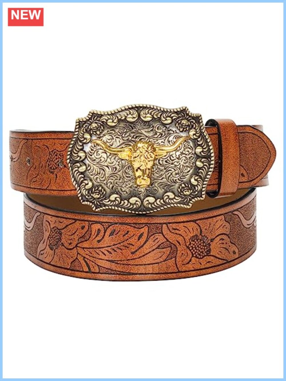 Western PU Leather Belt Embossed Floral Bull Head Buckle Cowgirl Cowboy